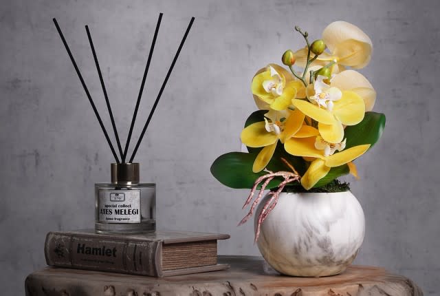 Ceramic Vase with Decorative Orchid Flower 1 PC - White & Yellow 
