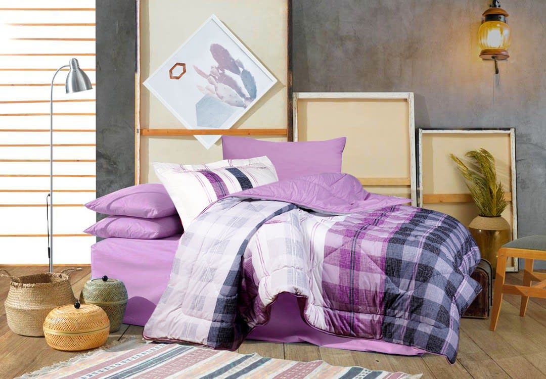 Hobby Cotton Comforter Set 4 PCS - Single White & Pink & Grey