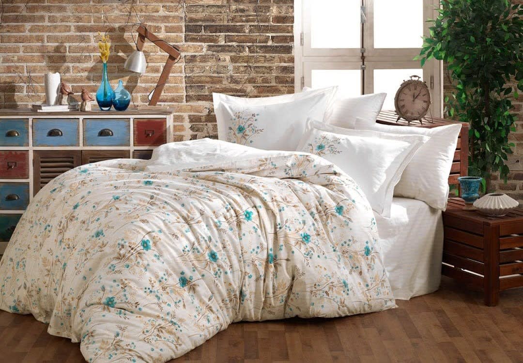 Hobby Cotton Comforter Set 4 PCS - Single White & Turquoise