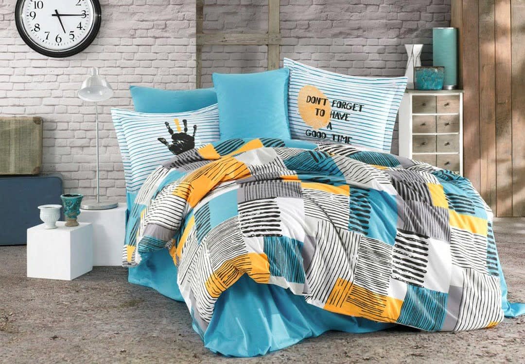 Hobby Cotton Comforter Set 4 PCS - Single White & Turquoise & Yellow