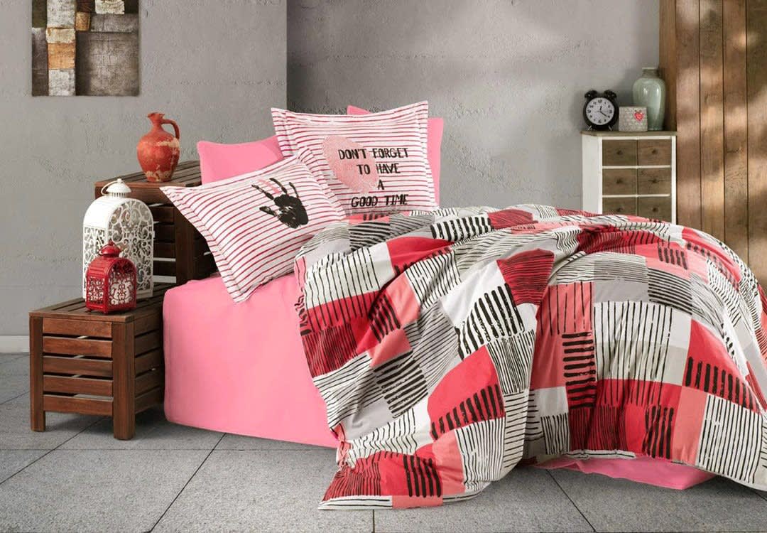 Hobby Cotton Comforter Set 4 PCS - Single White & Red & Pink