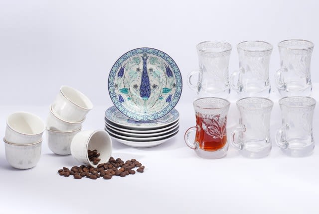 Arabic Coffee & Tea Set 18 PCs - White & Blue & Turquoise