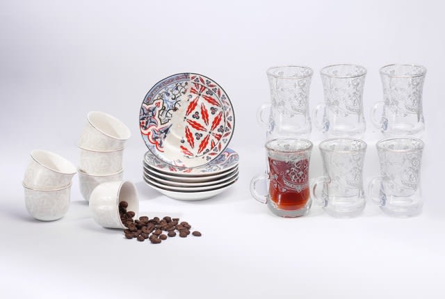 Tea & Arabic Coffee Serving Set 18 PCS - White & Blue & Red