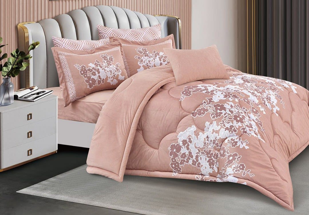 Adelyn Velvet Comforter Set 7 PCS - King Peach