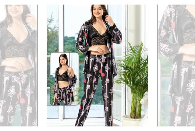 Nilay Turkish Women pajama Set 3 Pcs - Black & Pink