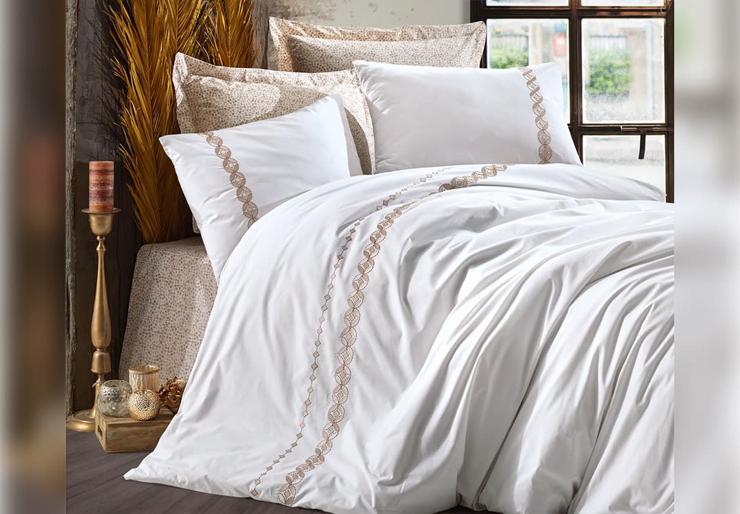 Cotton Box Embroidered Duvet Cover Set Without Filling 6 PCS - King White & Beige