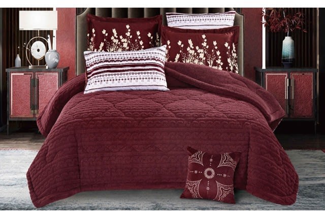Osaka Velvet Comforter Set 7 PCS - King Burgundy